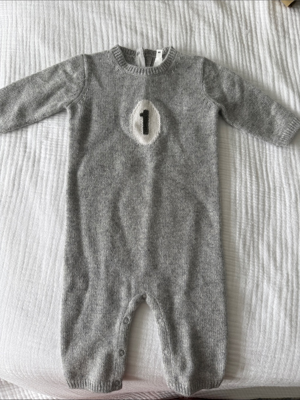 🏎️Bonpoint Gray Knit Footed One-Piece with Cream Number Patch Brand New No Tag